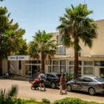 Hotel Zora w Primošten z palmami i zaparkowanymi samochodami latem